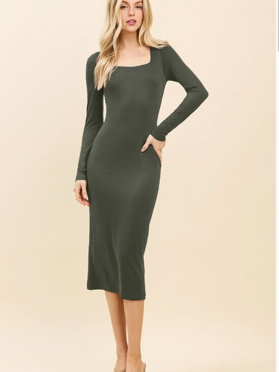 Heart and Hips Dresses & Skirts - Double Layered Square Neeck Long Sleeve Midi Dress- Thyme